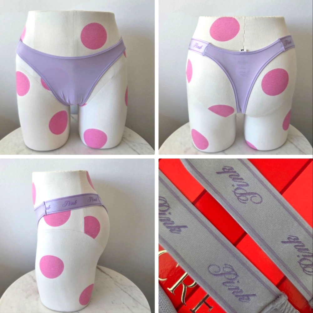 PINK Victoria's Secret Lavender Purple Logo Strap String Thong Panty NWT Satin